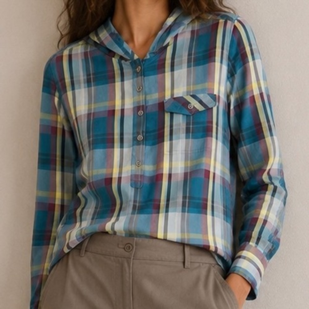 Prana Women XL Blue Plaid Hooded Button Up Shirt Crochet Back Hiking Top